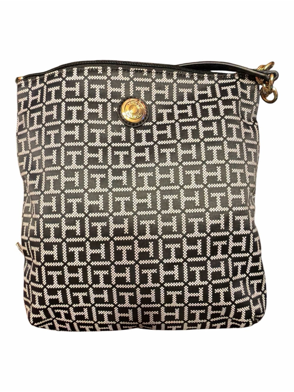 Tommy Hilfiger Black & White Monogram Crossbody Pouch with Gold Accent